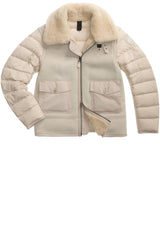 Produktbild 1 von BLAUER USA Daunenjacke mit Ledereinsätzen und Pelzkragen in Cremefarben.