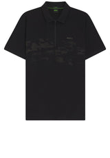 Jersey HUGO BOSS GREEN Poloshirt Globe Pattern mit Reißverschluss Schwarz (001)