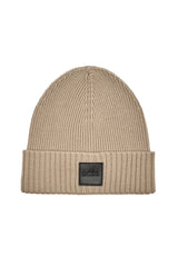 Produktbild 1 von HUGO BOSS BLACK Strickmütze Flavio mit Logo-Patch in Braun.